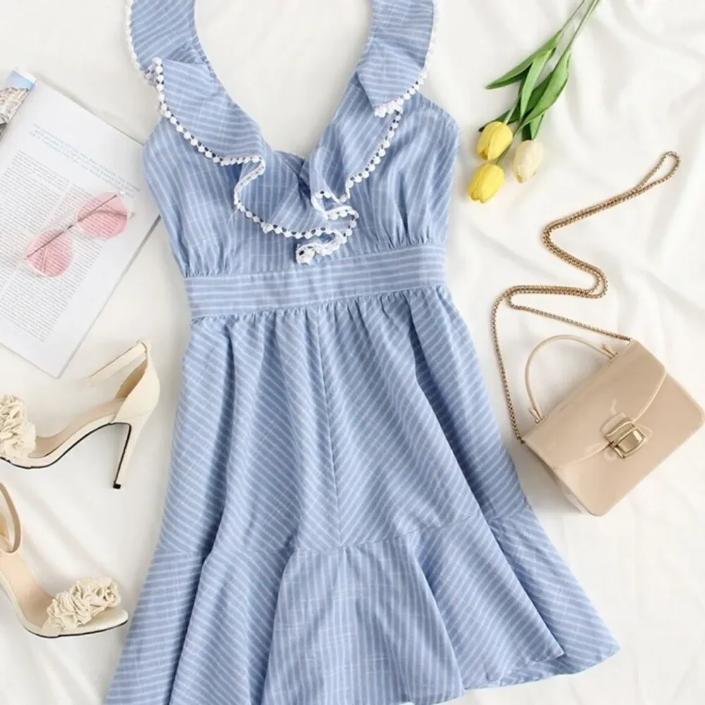 ✨Crochet Pompom Flounce Embellished Striped Dress✨